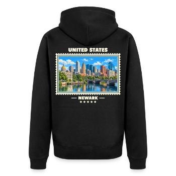 Vereinigte Staaten Newark Vintage Reisemarke - Unisex Premium Bio Zip Hoodie - Schwarz - Hinten - Nico (187cm)