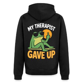 Mein Therapeut hat Frog Tee aufgegeben. - Unisex Premium Bio Zip Hoodie - Schwarz - Hinten - Nico (187cm)