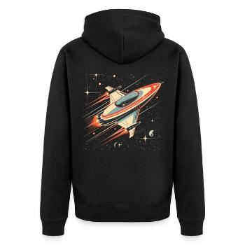 Retro-futuristisches weiß-orangefarbenes Raumschiff bewegt sich - Unisex Premium Bio Zip Hoodie - Schwarz - Hinten - Nico (187cm)