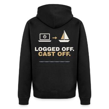 Logged Off. Cast Off. – Segler Shirt - Unisex Premium Bio Zip Hoodie - Schwarz - Hinten - Nico (187cm)