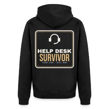 Help Desk Survivor – IT-Support Shirt - Unisex Premium Bio Zip Hoodie - Schwarz - Hinten - Nico (187cm)