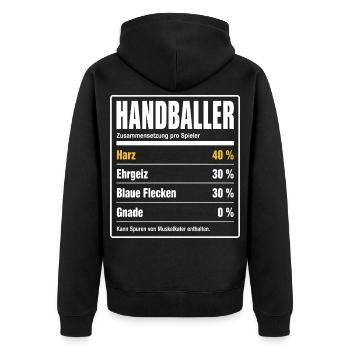 Handballer Inhaltsstoffe – 40 % Harz, 0 % Gnade - Unisex Premium Bio Zip Hoodie - Schwarz - Hinten - Nico (187cm)
