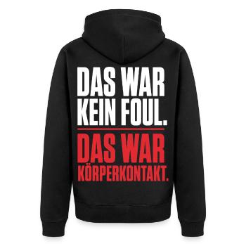 Das war kein Foul – Das war Körperkontakt Shirt - Unisex Premium Bio Zip Hoodie - Schwarz - Hinten - Nico (187cm)