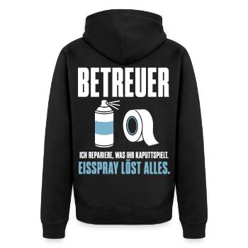 Betreuer Shirt – Repariere, was ihr kaputtspielt - Unisex Premium Bio Zip Hoodie - Schwarz - Hinten - Nico (187cm)