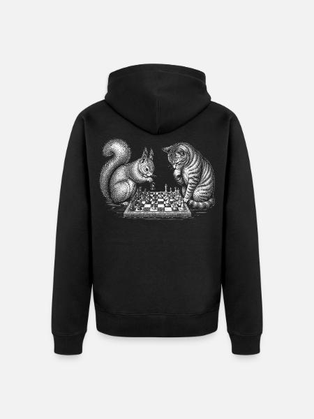 Ein Eichhörnchen und eine Katze spielen Schach - Unisex Premium Bio Zip Hoodie - Schwarz