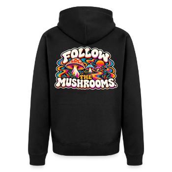 Follow the Mushrooms – Psychedelischer Pilztraum - Unisex Premium Bio Zip Hoodie - Schwarz - Hinten - Nico (187cm)