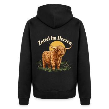 Hochlandrind Fan Zottel im Herzen - Unisex Premium Bio Zip Hoodie - Schwarz - Hinten - Nico (187cm)