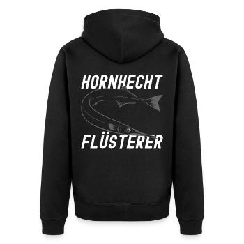 Hornhecht Flüsterer - Unisex Premium Bio Zip Hoodie - Schwarz - Hinten - Nico (187cm)