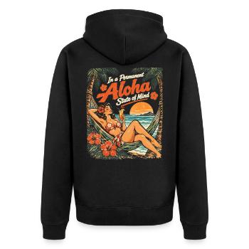 Permanent Aloha State of Mind – Pin-Up Design - Unisex Premium Bio Zip Hoodie - Schwarz - Hinten - Nico (187cm)