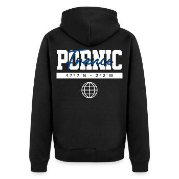 Pornic Frankreich Koordinaten Reise Souvenir - Unisex Premium Bio Zip Hoodie - Schwarz - Hinten - Nico (187cm)