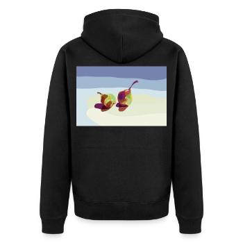 Bunte Birnen auf einer Strandlandschaft - Unisex Premium Bio Zip Hoodie - Schwarz - Hinten - Nico (187cm)