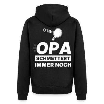 Tischtennis Opa Geschenk – Schmettert noch - Unisex Premium Bio Zip Hoodie - Schwarz - Hinten - Nico (187cm)