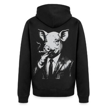 Schweinerauchen im Anzug - Unisex Premium Bio Zip Hoodie - Schwarz - Hinten - Nico (187cm)