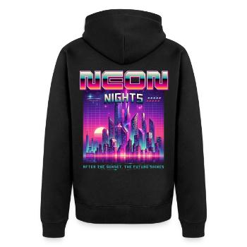Neon Nights Synthwave Retro 80s Skyline Geschenk - Unisex Premium Bio Zip Hoodie - Schwarz - Hinten - Nico (187cm)