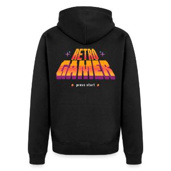 Retro Gamer Press Start Gaming Zocker Geschenk    - Unisex Premium Bio Zip Hoodie - Schwarz - Hinten - Nico (187cm)