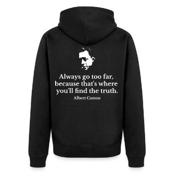 Zitat von Albert Camus auf Truth Beyond Boundaries Tee - Unisex Premium Bio Zip Hoodie - Schwarz - Hinten - Nico (187cm)