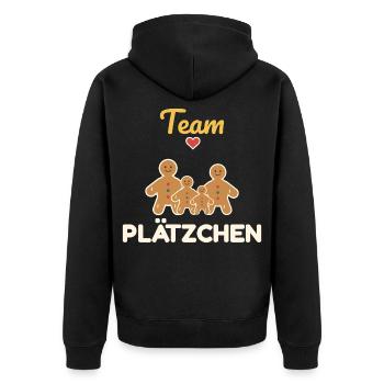 Team Plätzchen – Familien Weihnachtsoutfit - Unisex Premium Bio Zip Hoodie - Schwarz - Hinten - Nico (187cm)