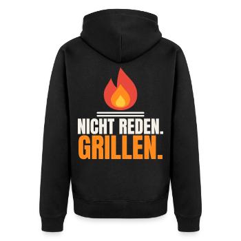 Nicht reden. Grillen. – Grillmeister Spruch - Unisex Premium Bio Zip Hoodie - Schwarz - Hinten - Nico (187cm)