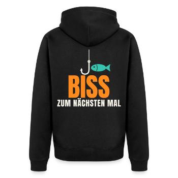 Biss zum nächsten Mal – Angler Spruch - Unisex Premium Bio Zip Hoodie - Schwarz - Hinten - Nico (187cm)