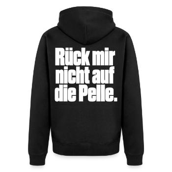 Rück mir nicht auf die Pelle - Unisex Premium Bio Zip Hoodie - Schwarz - Hinten - Nico (187cm)