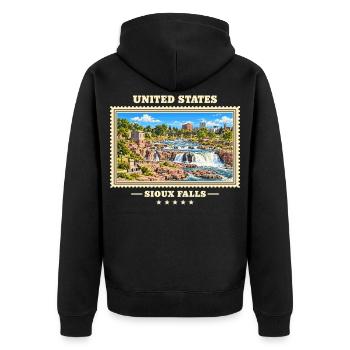 Vereinigte Staaten Sioux Falls Vintage Reisemarke - Unisex Premium Bio Zip Hoodie - Schwarz - Hinten - Nico (187cm)