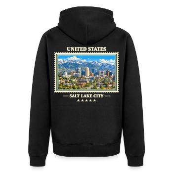 Vereinigte Staaten Salt Lake City Vintage Marke - Unisex Premium Bio Zip Hoodie - Schwarz - Hinten - Nico (187cm)