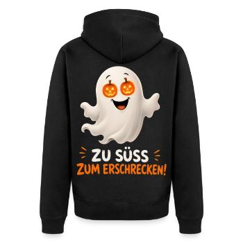 Zu süß zum Erschrecken – Geist mit Kürbisaugen - Unisex Premium Bio Zip Hoodie - Schwarz - Hinten - Nico (187cm)