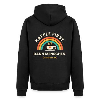 Erst einmal einen Kaffee ... - Unisex Premium Bio Zip Hoodie - Schwarz - Hinten - Nico (187cm)