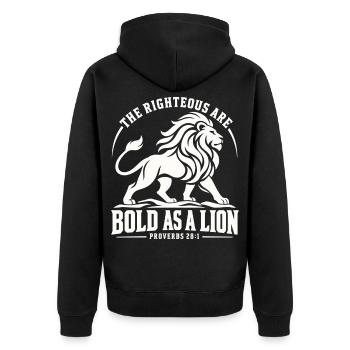 Bibel Spruch Mut und Glaube Löwe - Unisex Premium Bio Zip Hoodie - Schwarz - Hinten - Nico (187cm)