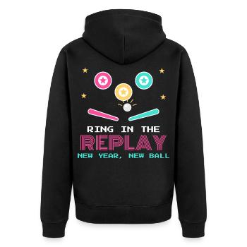 Ring In the Replay Neujahr Flipperhalle - Unisex Premium Bio Zip Hoodie - Schwarz - Hinten - Nico (187cm)