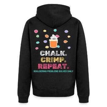 Chalk Crimp Repeat Bouldering Klettern - Unisex Premium Bio Zip Hoodie - Schwarz - Hinten - Nico (187cm)