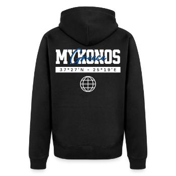 Mykonos Griechenland Koordinaten Reise Souvenir - Unisex Premium Bio Zip Hoodie - Schwarz - Hinten - Nico (187cm)