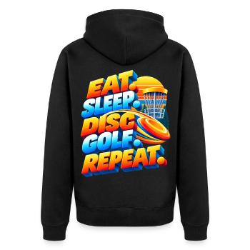 Eat. Sleep. Disc Golf. Repeat. - Unisex Premium Bio Zip Hoodie - Schwarz - Hinten - Nico (187cm)