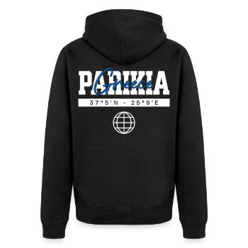 Parikia Griechenland Koordinaten Reise Souvenir - Unisex Premium Bio Zip Hoodie - Schwarz - Hinten - Nico (187cm)