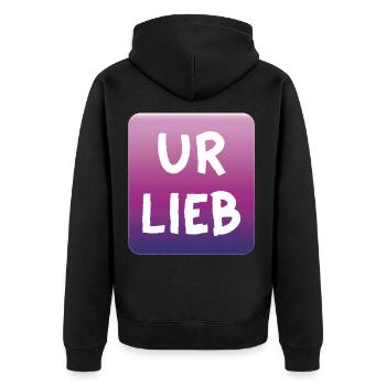 UR LIEB – Spruch mit österreichischem Charme, Wien - Unisex Premium Bio Zip Hoodie - Schwarz - Hinten - Nico (187cm)