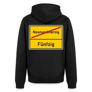 Ortsende Neunundvierzig - nächster Ort Fünfzig - Unisex Premium Bio Zip Hoodie - Schwarz - Hinten - Nico (187cm)