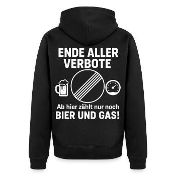 Ende aller Verbote - Bier und Gas - Unisex Premium Bio Zip Hoodie - Schwarz - Hinten - Nico (187cm)