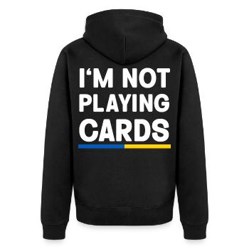 I'm not Playing cards Ukraine Flag - Unisex Premium Bio Zip Hoodie - Schwarz - Hinten - Nico (187cm)
