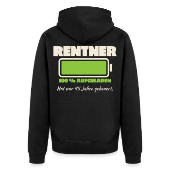 Rentner Akku 45 Jahre geladen - Unisex Premium Bio Zip Hoodie - Schwarz - Hinten - Nico (187cm)