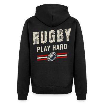 Rugby Spiel hart | Passion Oval Ball - Unisex Premium Bio Zip Hoodie - Schwarz - Hinten - Nico (187cm)