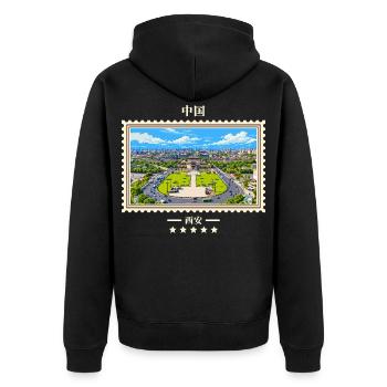 China Xi'an Vintage Reisemarke - Unisex Premium Bio Zip Hoodie - Schwarz - Hinten - Nico (187cm)