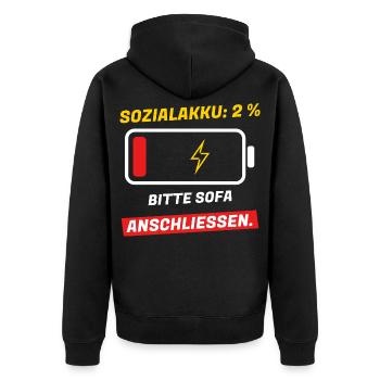 Sozialakku 2 % - bitte Sofa anschließen - Unisex Premium Bio Zip Hoodie - Schwarz - Hinten - Nico (187cm)