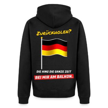 Zurückholen? Die hing die ganze Zeit am Balkon - Unisex Premium Bio Zip Hoodie - Schwarz - Hinten - Nico (187cm)