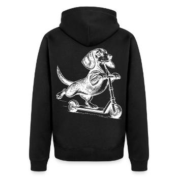 Dackel auf dem Tretroller – Vintage-Stil - Unisex Premium Bio Zip Hoodie - Schwarz - Hinten - Nico (187cm)