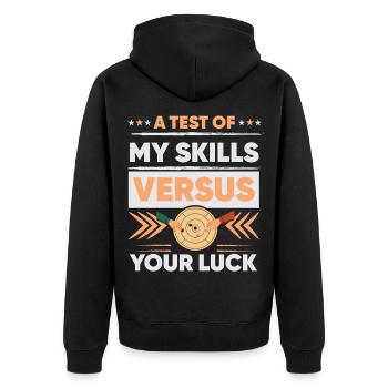 Crokinole – Mein Können gegen dein Glück - Unisex Premium Bio Zip Hoodie - Schwarz - Hinten - Nico (187cm)