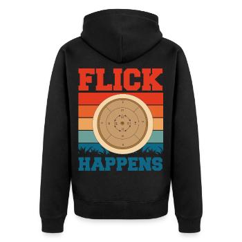 Flick Happens – Lustiges Crokinole Brettspiel - Unisex Premium Bio Zip Hoodie - Schwarz - Hinten - Nico (187cm)