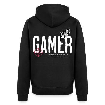 Gamer PVP Shirt Don’t Blame The Lag Zocker Geschen - Unisex Premium Bio Zip Hoodie - Schwarz - Hinten - Nico (187cm)