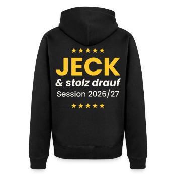Jeck und stolz drauf Karneval Shirt Alaaf Session  - Unisex Premium Bio Zip Hoodie - Schwarz - Hinten - Nico (187cm)