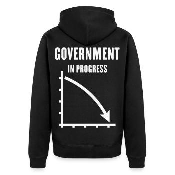 Government In Progress (Regierung Politik / White) - Unisex Premium Bio Zip Hoodie - Schwarz - Hinten - Nico (187cm)