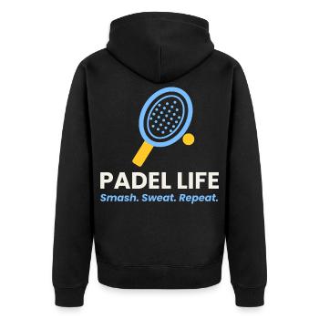 Padel Life Shirt Smash Sweat Repeat Padel Player - Unisex Premium Bio Zip Hoodie - Schwarz - Hinten - Nico (187cm)
